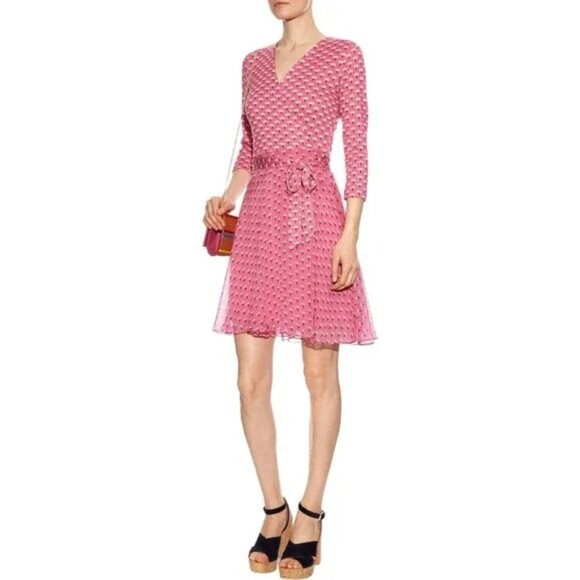 Diane Von Furstenberg Irina Pink Floral Silk and Chiffon Combo Wrap Dress 12 - Picture 12 of 12